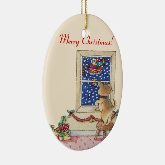 雪の中でサンタになびくかわいい子犬 セラミックオーナメント (右)