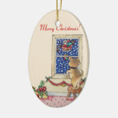 雪の中でサンタになびくかわいい子犬 セラミックオーナメント (左)