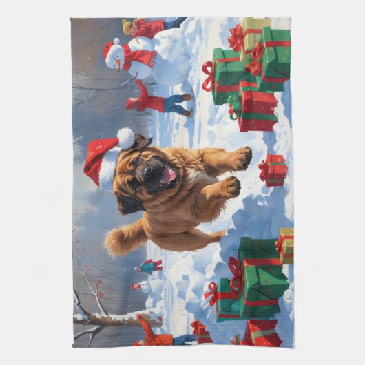 雪の中でチベッ走トのマスチフのクリスマス帽子と キッチンタオル (縦)