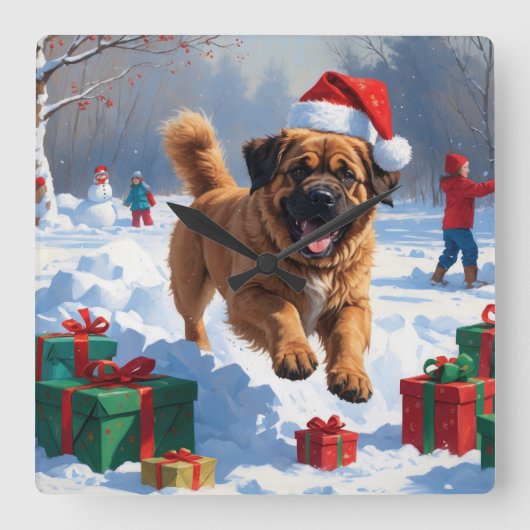 雪の中でチベッ走トのマスチフのクリスマス帽子と スクエア壁時計 (正面)