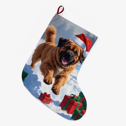 雪の中でチベッ走トのマスチフのクリスマス帽子と ラージクリスマスストッキング (正面 (吊り時))