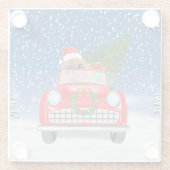 雪の中でチャウ犬を運転する車 ガラスコースター (裏面)