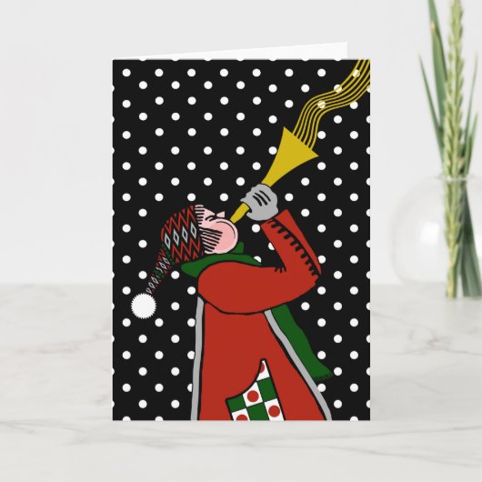 雪の中でトランペットを吹くクリスマスカード シーズンカード (正面)