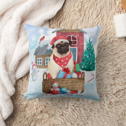 雪の中でパグ犬クリスマスドッグハウス クッション (ブランケット)