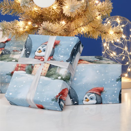雪の中でペンギンのギフトラッピング ラッピングペーパー (クリスマス)