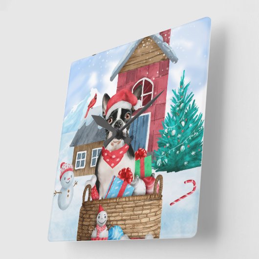 雪の中でボストンテリア犬クリスマスドッグハウス スクエア壁時計 (傾斜)