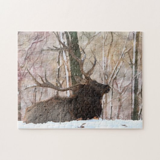 雪の中で休んでいるブルエルク ジグソーパズル (横)