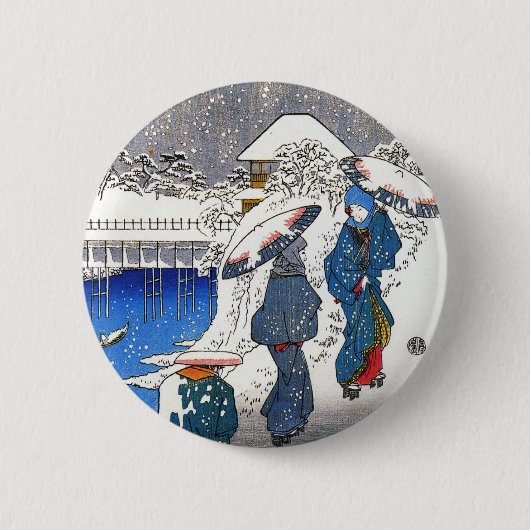 雪の中で会話する二人の女性、安藤広重 缶バッジ (正面)