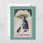 雪の中で傘の下にいる女の子、猫、犬ヴィンテージ ポストカード (正面/裏面)