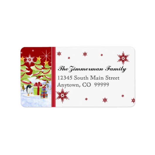 雪の中で冬のワクワクするペンギンベビー ラベル (正面)