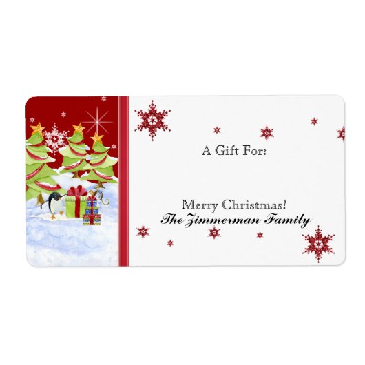 雪の中で冬のワクワクするペンギンベビー ラベル (正面)