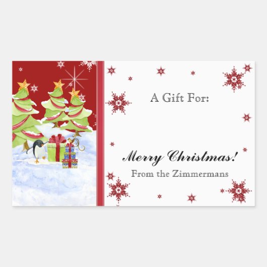 雪の中で冬のワクワクするペンギンベビー 長方形シール (正面)