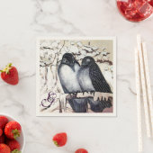 雪の中で冬の愛の鳥モノグラム白黒 スタンダードカクテルナプキン (インサイチュ)