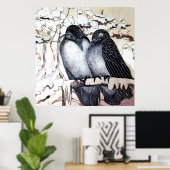 雪の中で冬の愛の鳥白黒 ポスター (ホームオフィス)