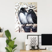 雪の中で冬の愛の鳥白黒 ポスター (ホームオフィス)