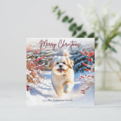雪の中で可愛いラサapso犬メリークリスマス シーズンカード (スタンド正面)