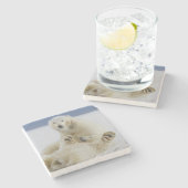 雪の中で女のホッキョクグマと遊その子の赤ちゃん ストーンコースター (横)