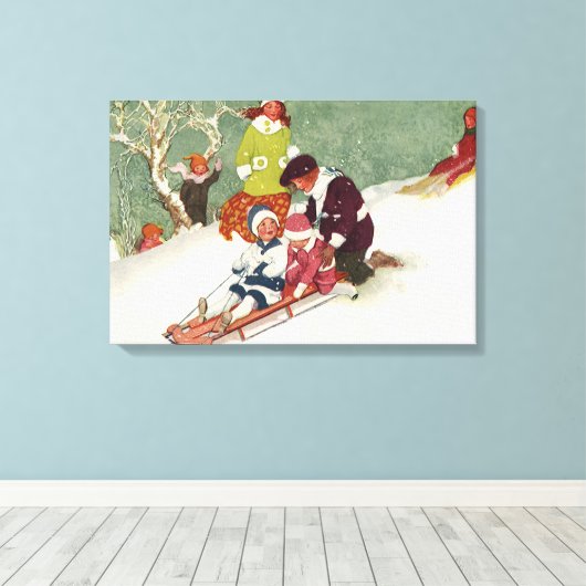 雪の中で子どもそりヴィンテージクリスマス キャンバスプリント (インサイチュ (ウッドフロア))