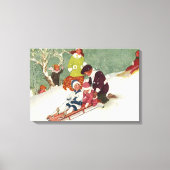 雪の中で子どもそりヴィンテージクリスマス キャンバスプリント (正面)