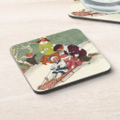 雪の中で子どもそりヴィンテージクリスマス コースター (左側)