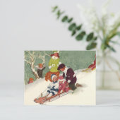 雪の中で子どもそりヴィンテージクリスマス シーズンポストカード (スタンド正面)