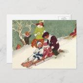 雪の中で子どもそりヴィンテージクリスマス シーズンポストカード (正面/裏面)