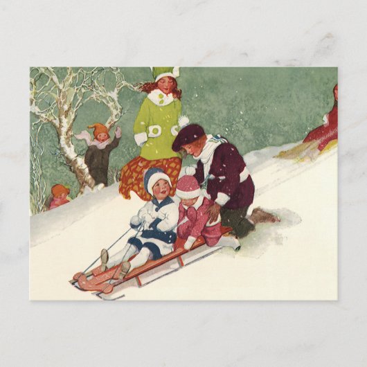 雪の中で子どもそりヴィンテージクリスマス シーズンポストカード (正面)