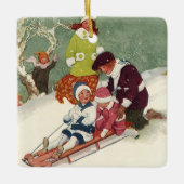 雪の中で子どもそりヴィンテージクリスマス セラミックオーナメント (正面)