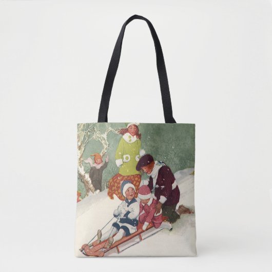 雪の中で子どもそりヴィンテージクリスマス トートバッグ (正面)