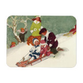 雪の中で子どもそりヴィンテージクリスマス マグネット (横)