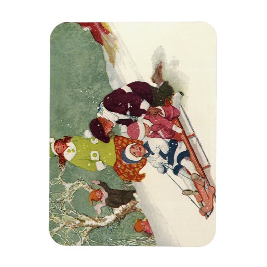 雪の中で子どもそりヴィンテージクリスマス マグネット (縦)
