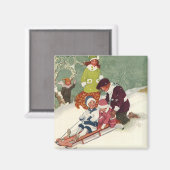 雪の中で子どもそりヴィンテージクリスマス マグネット (正面/裏面)