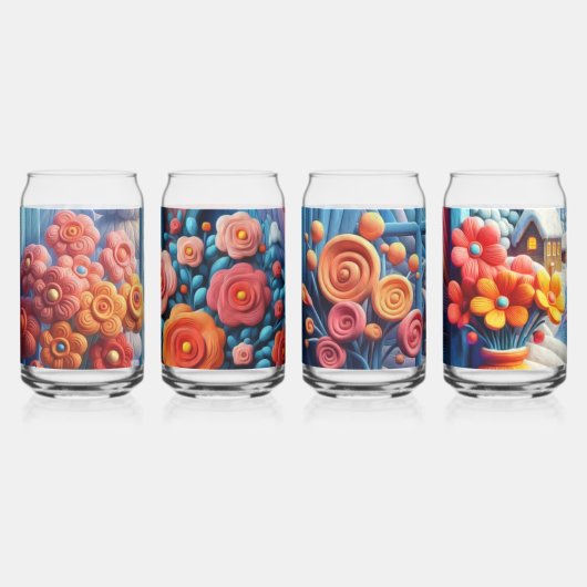 雪の中で幸せな子どもの花と家 ガラス缶 (正面)