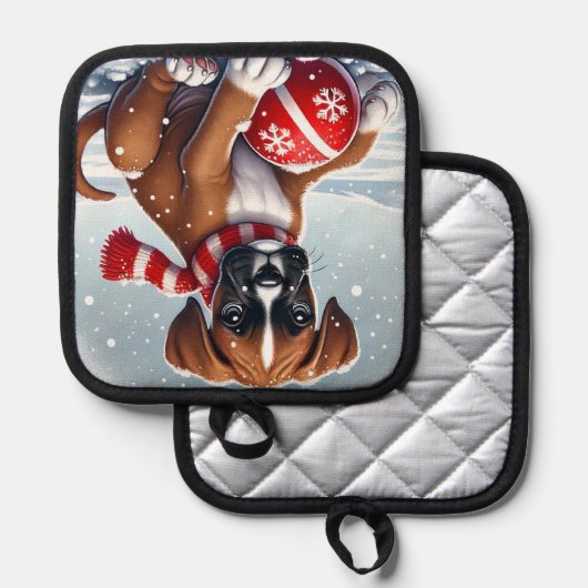 雪の中で愛らしいボクサーの子犬 鍋敷き (正面/裏面)