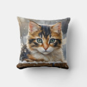 雪の中で愛らしい三毛猫 クッション (正面)