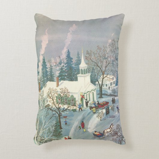 雪の中で教会に行く人々のヴィンテージクリスマス アクセントクッション (正面(垂直))