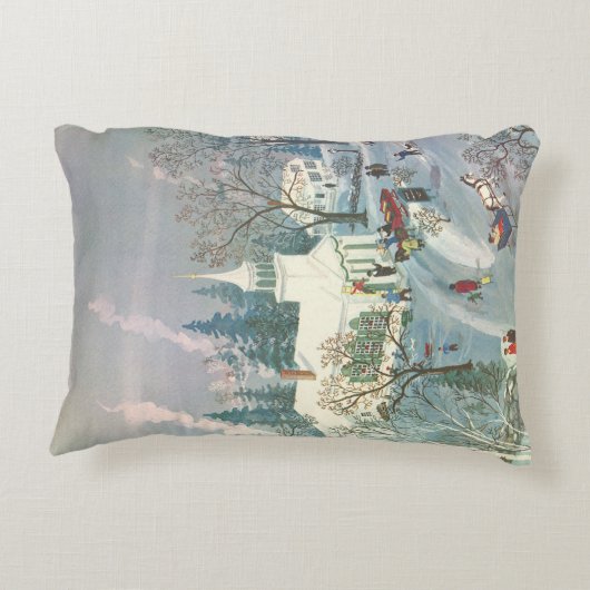 雪の中で教会に行く人々のヴィンテージクリスマス アクセントクッション (裏面)