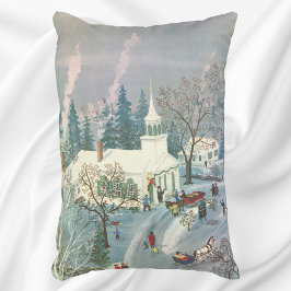 雪の中で教会に行く人々のヴィンテージクリスマス アクセントクッション