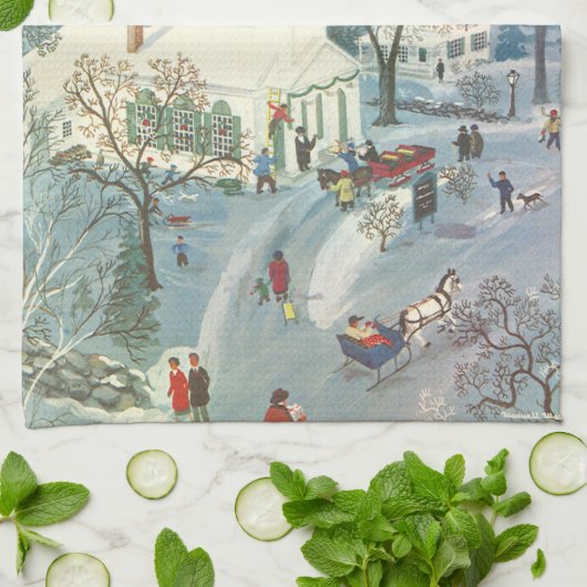 雪の中で教会に行く人々のヴィンテージクリスマス キッチンタオル (折り畳み)