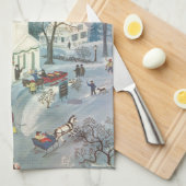 雪の中で教会に行く人々のヴィンテージクリスマス キッチンタオル (四つ折り)