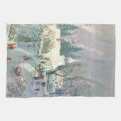 雪の中で教会に行く人々のヴィンテージクリスマス キッチンタオル (横)
