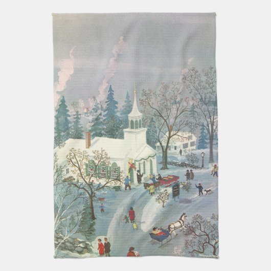 雪の中で教会に行く人々のヴィンテージクリスマス キッチンタオル (縦)