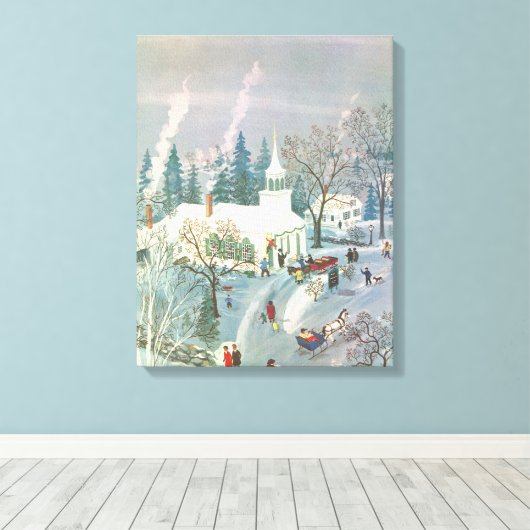 雪の中で教会に行く人々のヴィンテージクリスマス キャンバスプリント (インサイチュ (ウッドフロア))