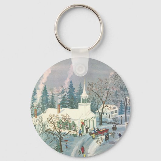 雪の中で教会に行く人々のヴィンテージクリスマス キーホルダー (正面)