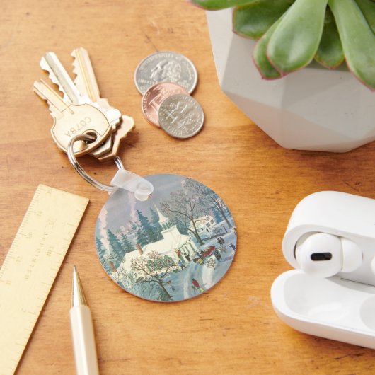 雪の中で教会に行く人々のヴィンテージクリスマス キーホルダー (デスク)