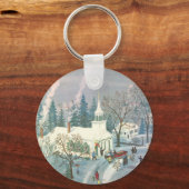 雪の中で教会に行く人々のヴィンテージクリスマス キーホルダー (正面)