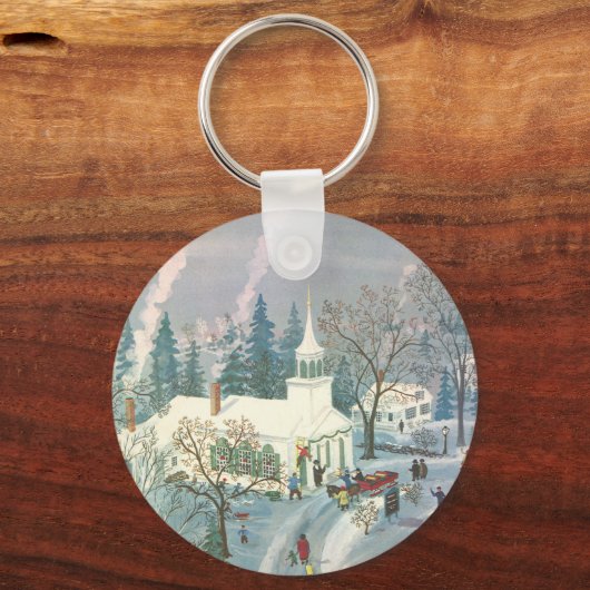 雪の中で教会に行く人々のヴィンテージクリスマス キーホルダー (正面)