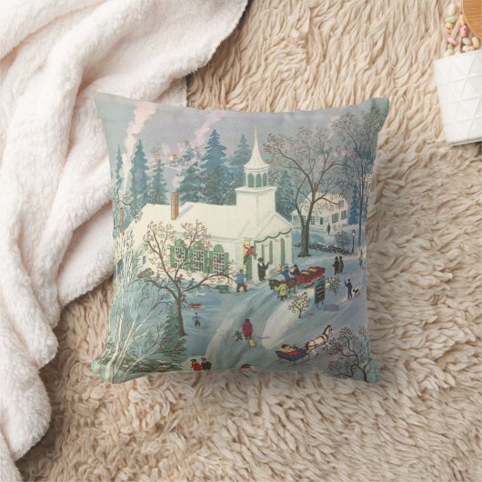 雪の中で教会に行く人々のヴィンテージクリスマス クッション (ブランケット)