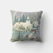 雪の中で教会に行く人々のヴィンテージクリスマス クッション (正面)