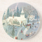 雪の中で教会に行く人々のヴィンテージクリスマス コースター (正面)